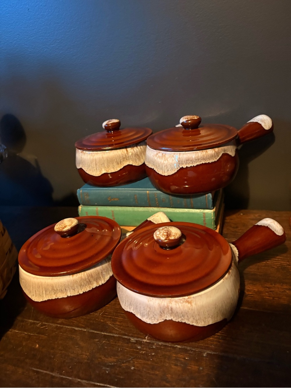 Vintage Drip Glazed Stoneware French Onion Soup Crocks Set of 4 with Lids